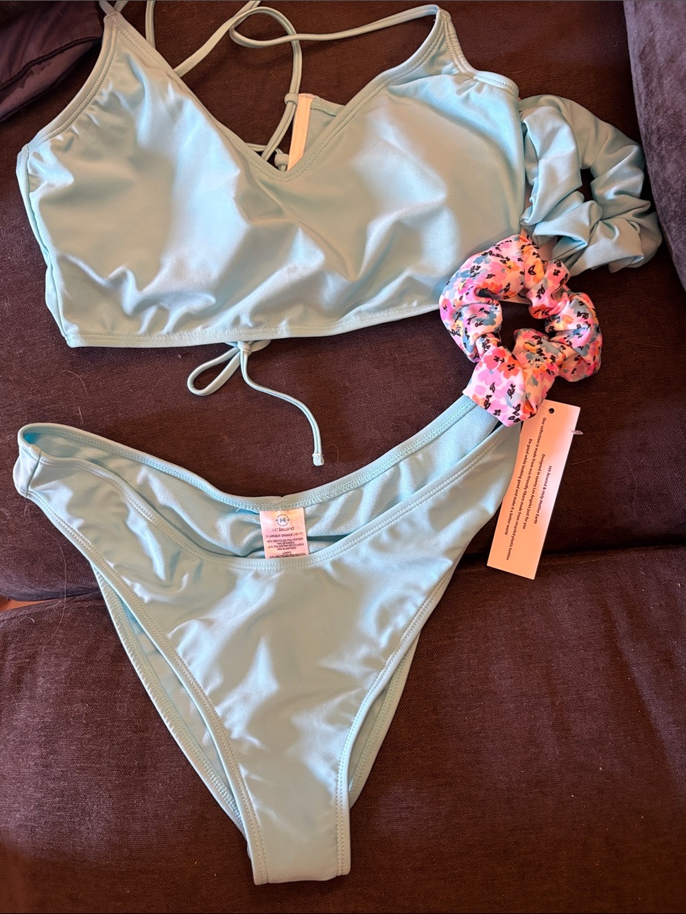 Rewind Light Blue Two-Piece Bikini Set with Floral Scrunchie